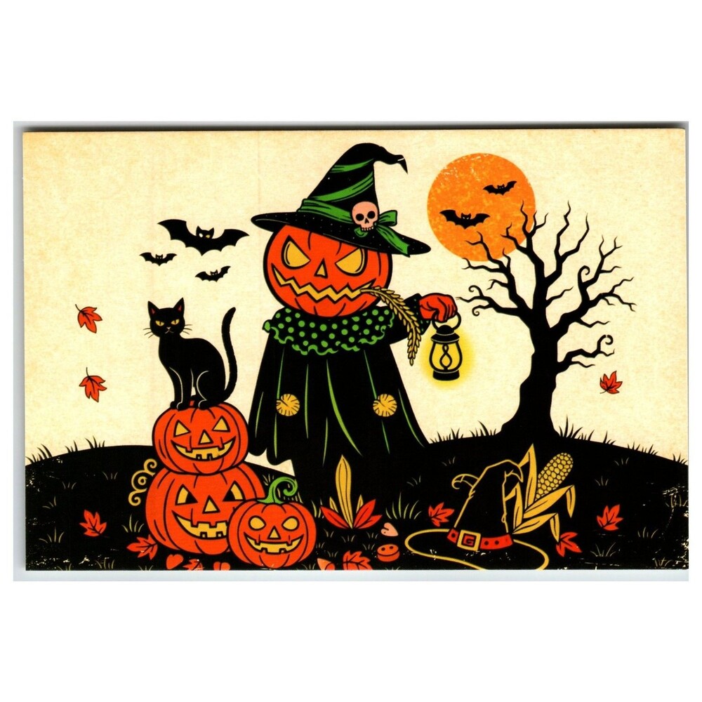 Halloween Pumpkin Scarecrow Black Cat Full Moon Vintage Style Postcard Unused